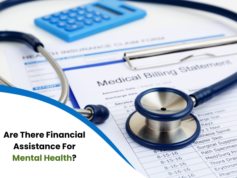 Medical billing statement, stethoscope, calculator, and clipboard highlighting mental health financial assistance.