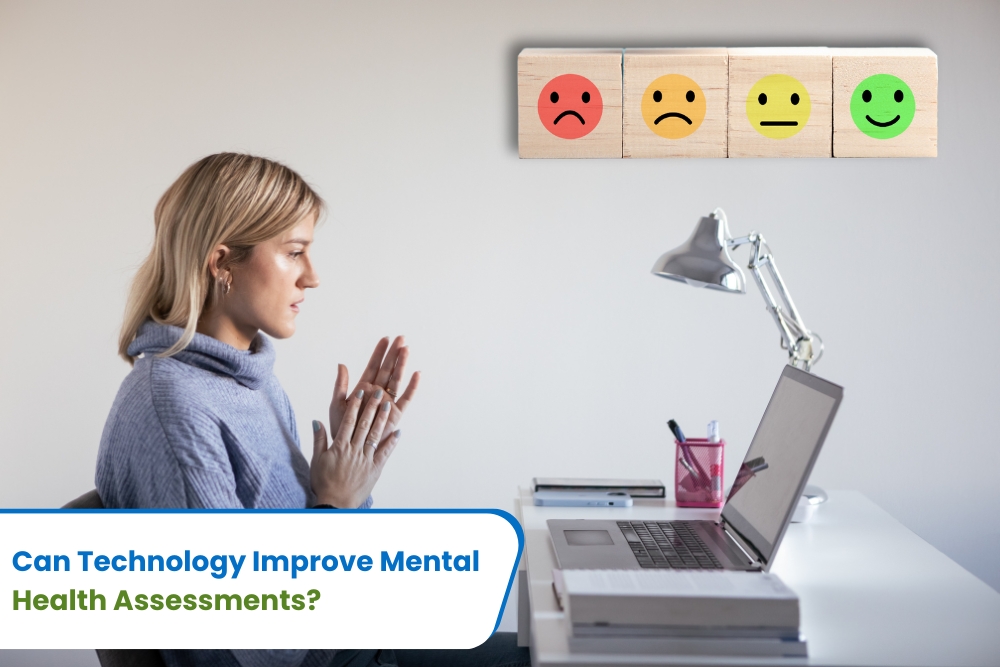 A woman sits at a desk, interacting with her laptop. Above her are wooden blocks displaying various emotional faces ranging from sad to happy, illustrating mental health assessments. The text overlay reads 'Can Technology Improve Mental Health Assessments?