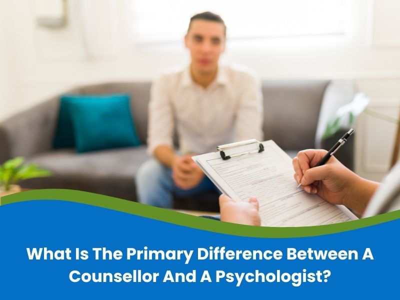 Diagram illustrating the differences between a counsellor and a psychologist, highlighting the key roles and qualifications. Counsellor vs psychologist comparison.