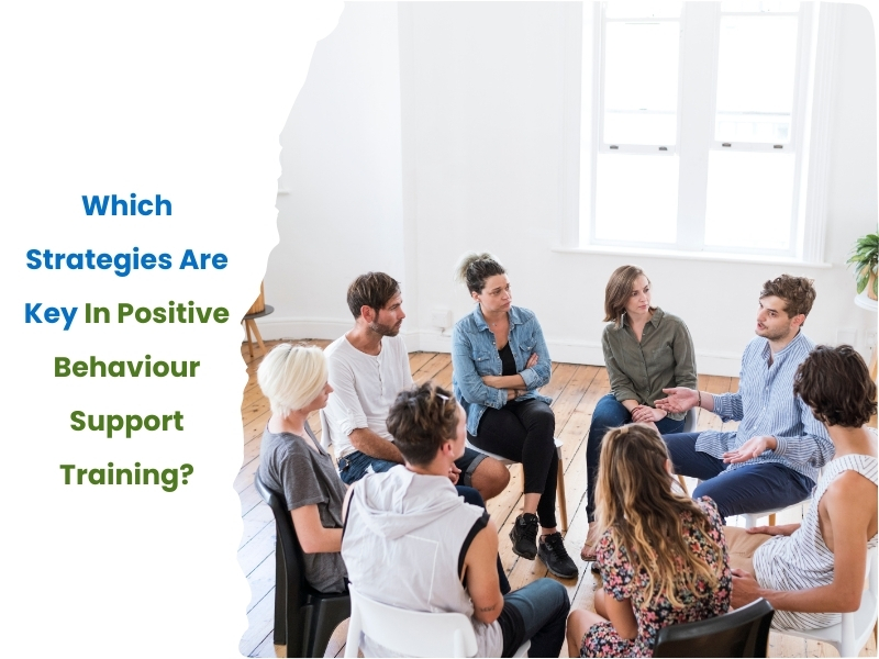 Group discussion in a bright room focusing on key strategies for positive behaviour support training.