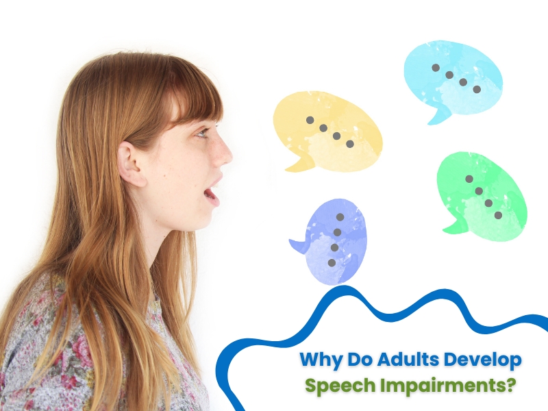 Women talking with speech bubbles illustrate the concept of adult speech impairment and communication issues.