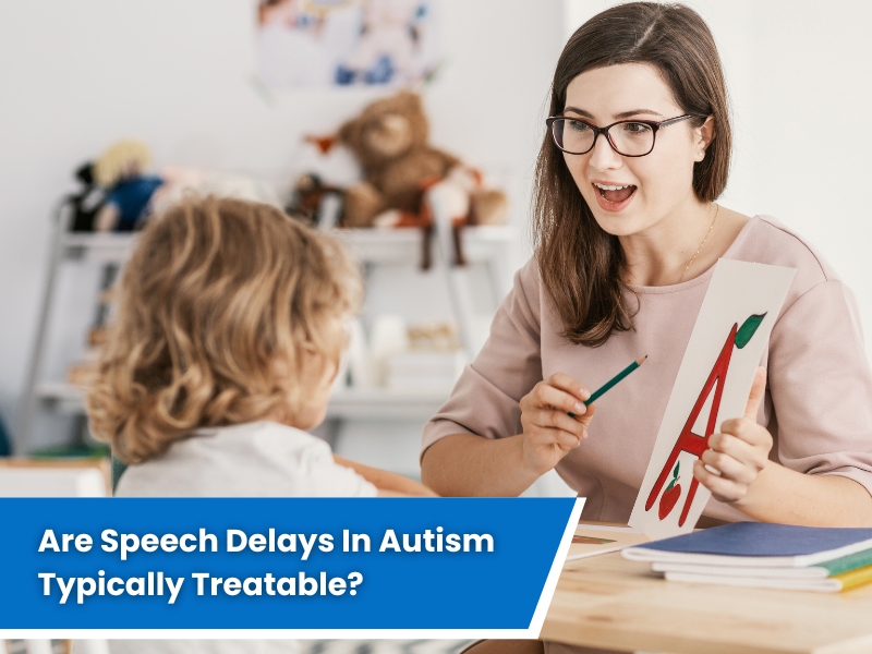 Speech therapist using visual aids to support a child with speech delay autism in a therapy session.