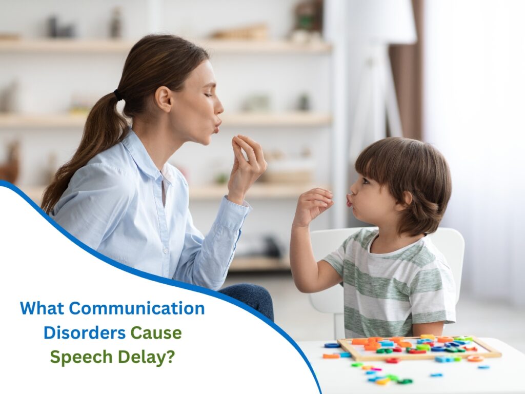 Speech therapist working with a child to address the causes of speech delay and improve communication skills.